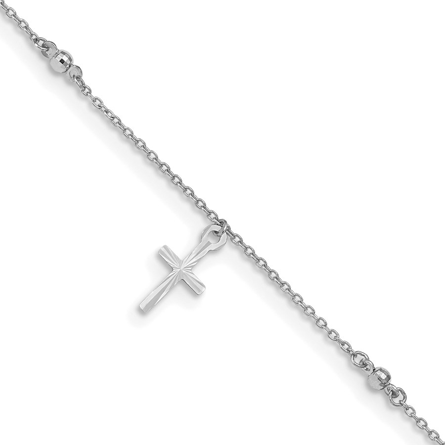 14K White Gold and Diamond-cut Cross 9in Plus Anklet - 10 in.