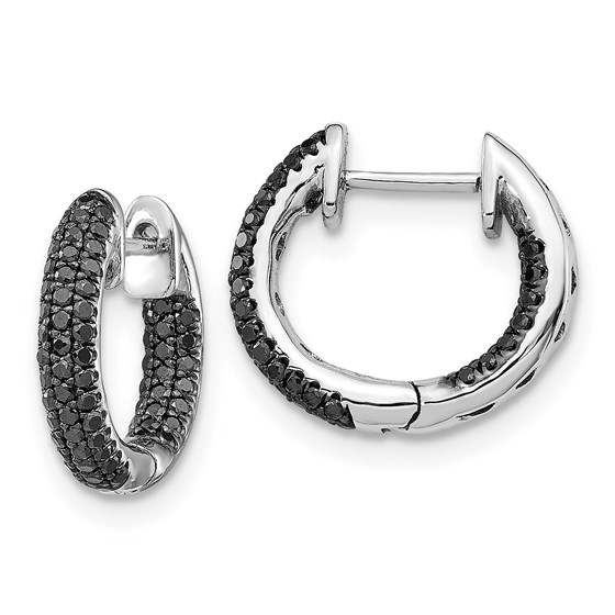 14k White Gold Black Diamond Hinged Hoop Earrings - 13 mm 14k White Gold Black Diamond Hinged Hoop Earrings - 13 mm