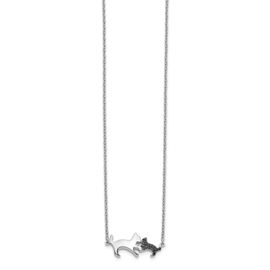 14k White Gold Black Diamond Mother & Baby Cat Necklace - 18 in.