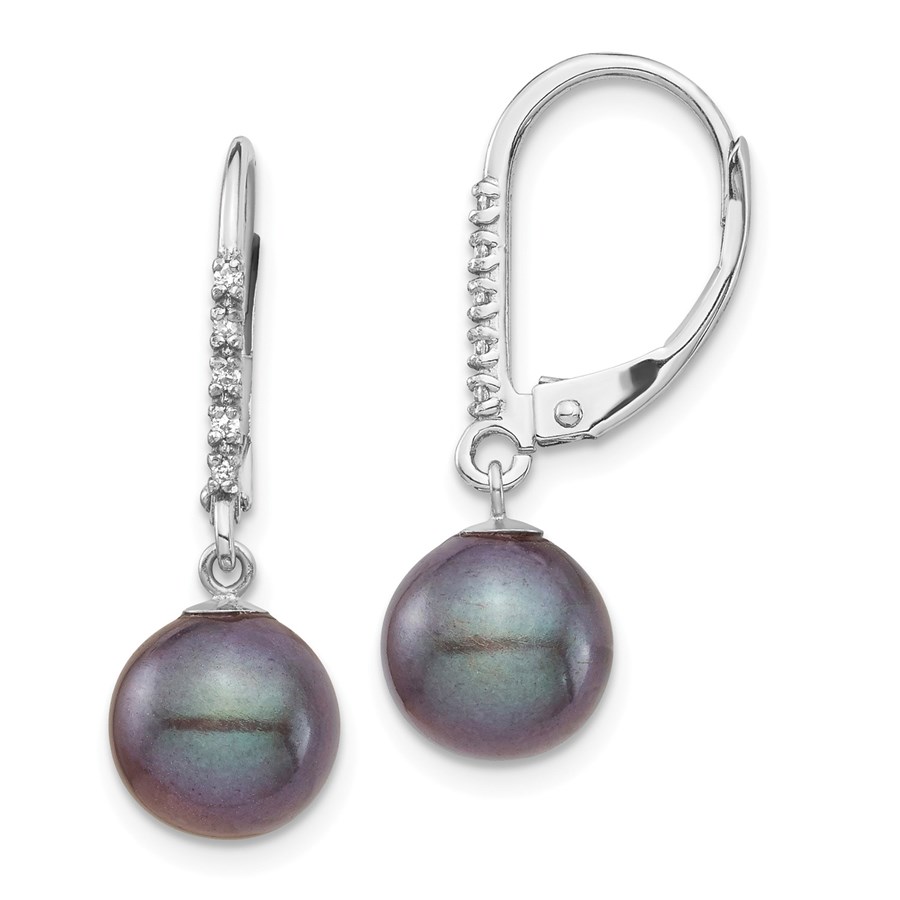 14k White Gold Black Pearl .05 ct Diamond Earrings 8-9 mm