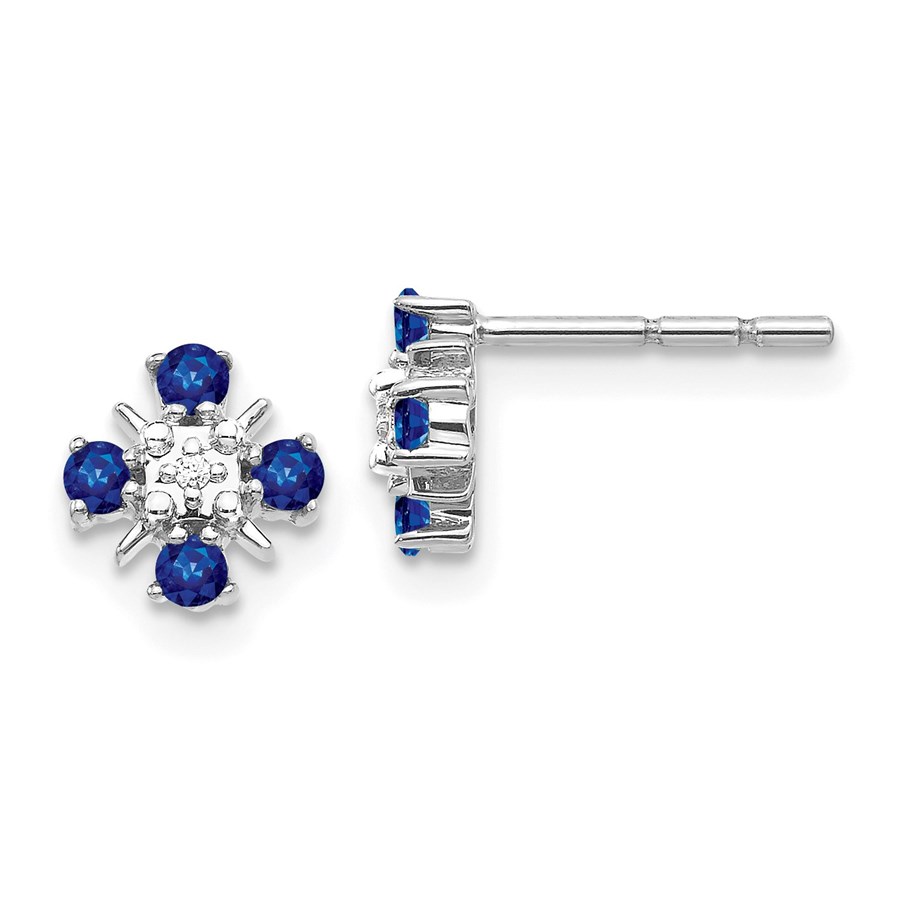 14k White Gold Blue Sapphire and Diamond Post Earrings - 7 mm