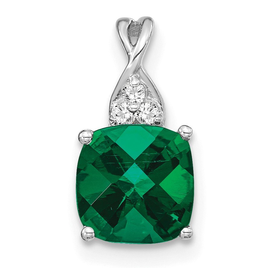 14K White Gold Created Emerald and Diamond Pendant - 13.5 mm