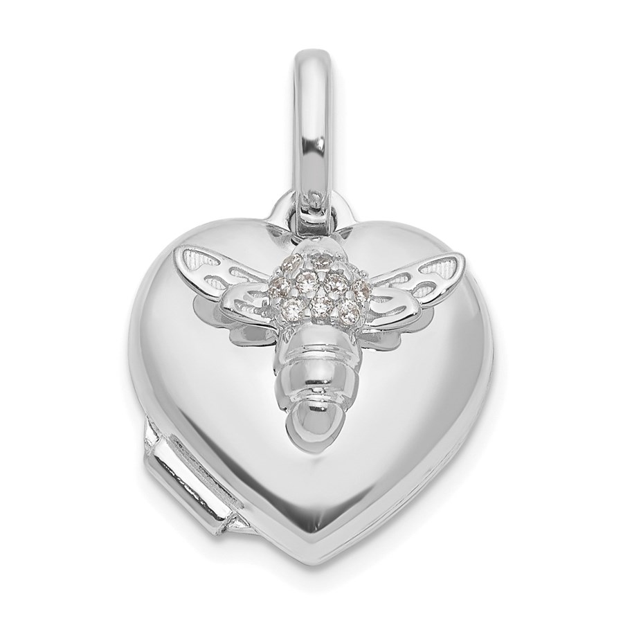14K White Gold CZ Bee Heart 12mm Locket - 18 mm