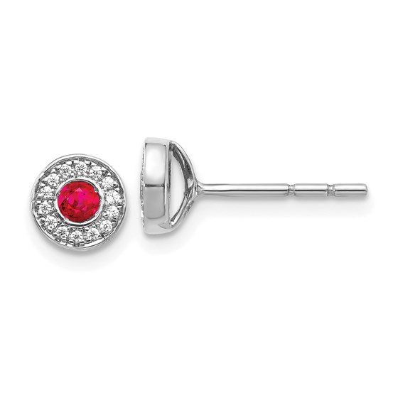 14k White Gold Diamond and Ruby Halo Post Earrings - 6 mm