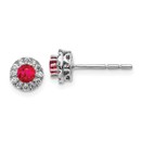 14k White Gold Diamond and Ruby Halo Post Earrings - 7 mm