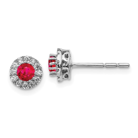 14k White Gold Diamond and Ruby Halo Post Earrings - 7 mm