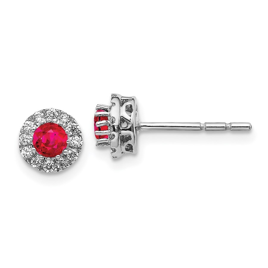 14k White Gold Diamond and Ruby Halo Post Earrings - 7 mm