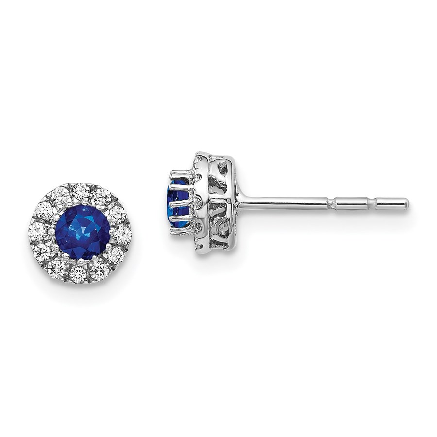 14k White Gold Diamond Blue Sapphire Halo Post Earrings - 6 mm