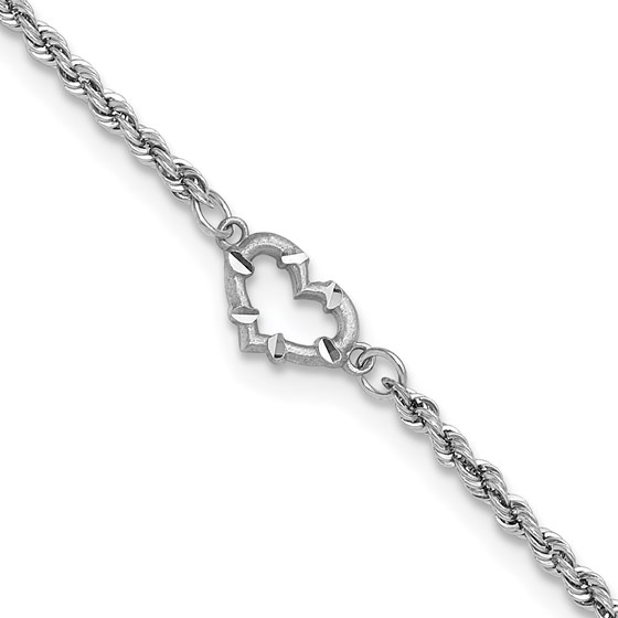 14K White Gold Diamond-cut Rope with Heart 11in Anklet - 11 in.