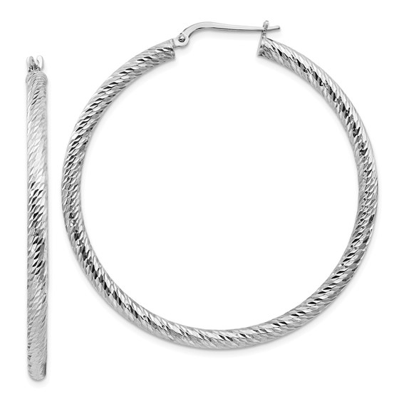 14k White Gold Diamond-cut Round Hoop Earrings - 3x40 mm 14k White Gold Diamond-cut Round Hoop Earrings - 3x40 mm