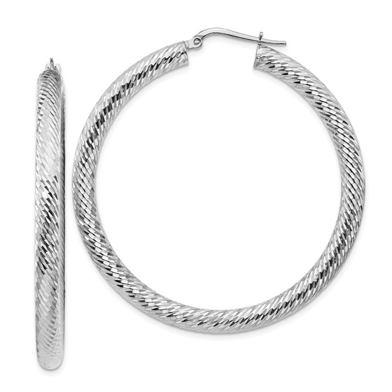 14k White Gold Diamond-cut Round Hoop Earrings - 4x40 mm 14k White Gold Diamond-cut Round Hoop Earrings - 4x40 mm