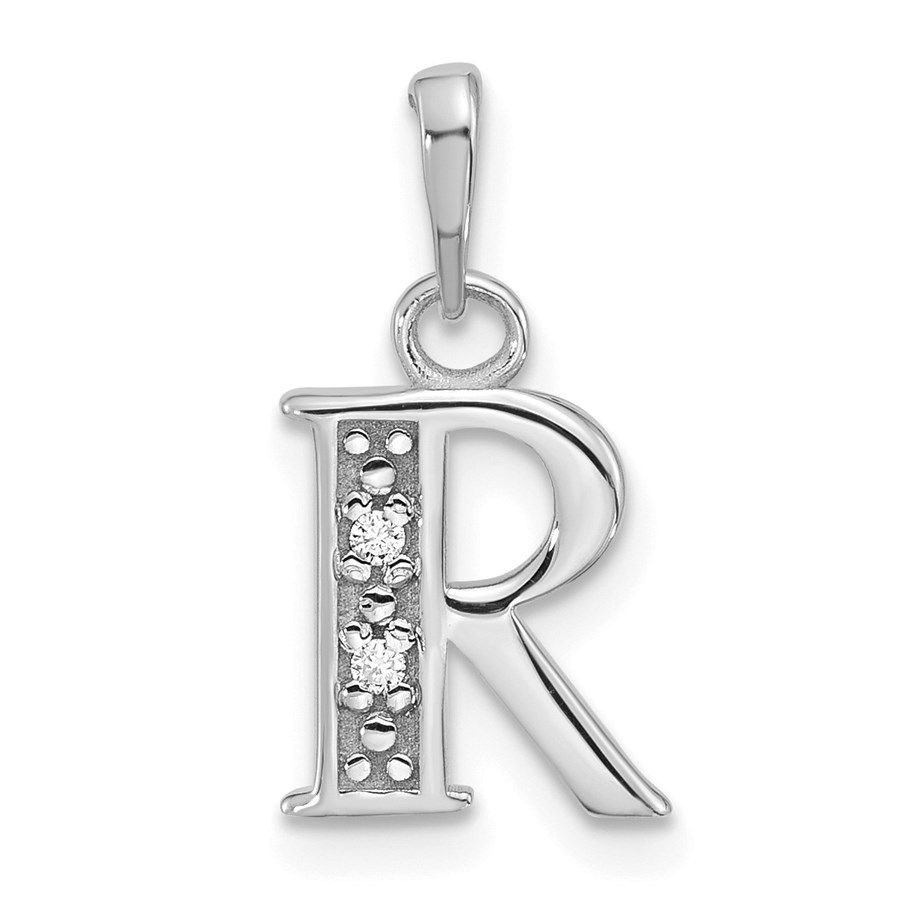 14K White Gold Diamond Letter R Initial Pendant - 17.7 mm