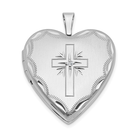 14k White Gold Diamond Set Cross Heart Locket - 25 mm 14k White Gold Diamond Set Cross Heart Locket - 25 mm