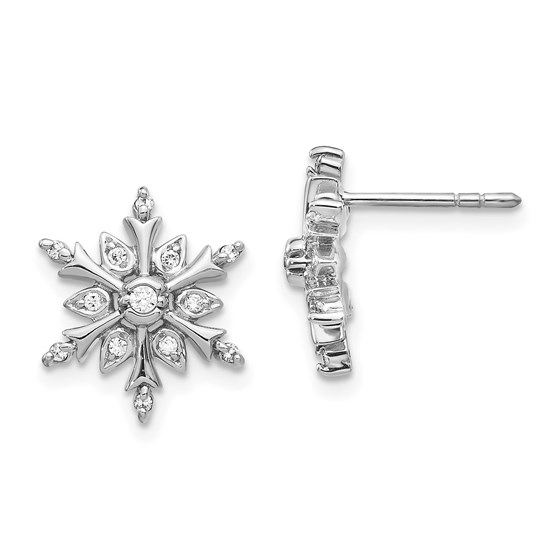 14k White Gold Diamond Snowflake Earrings - 13 mm