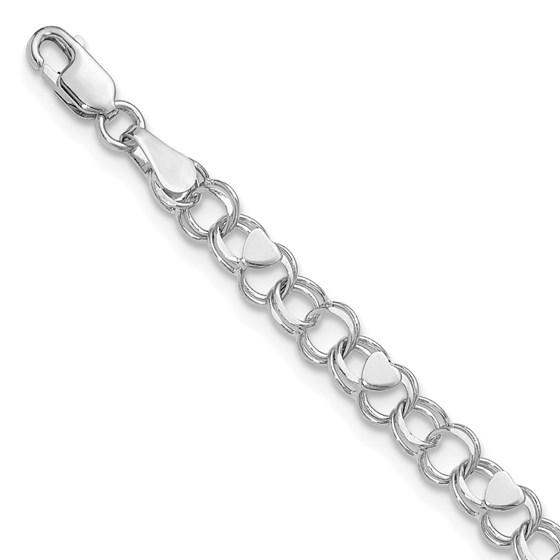 14K White Gold Double Link with Hearts Charm Bracelet - 8 mm 14K White Gold Double Link with Hearts Charm Bracelet - 8 mm