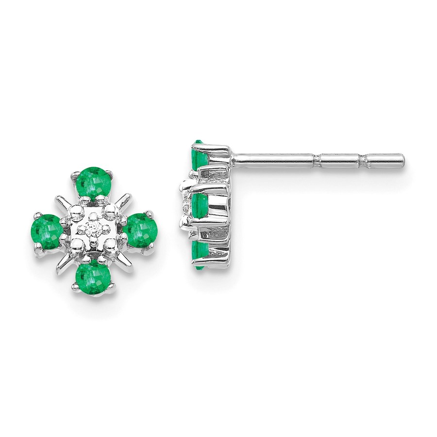 14k White Gold Emerald And Diamond Post Earrings - 7 mm