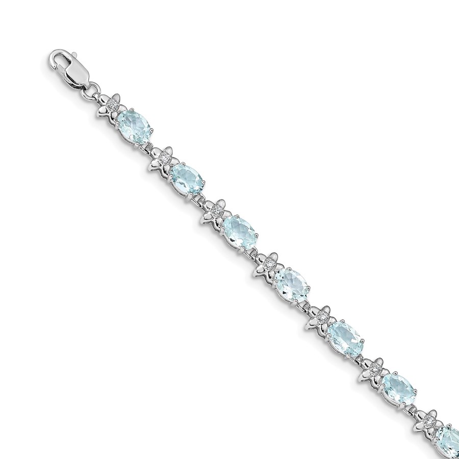 14k White Gold Floral Diamond/Aquamarine Bracelet - 7 in.
