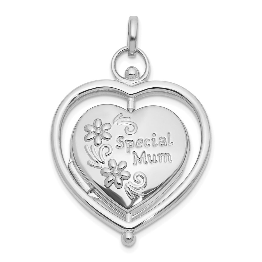 14K White Gold Floral Mum Reversible Heart Locket - 30 mm