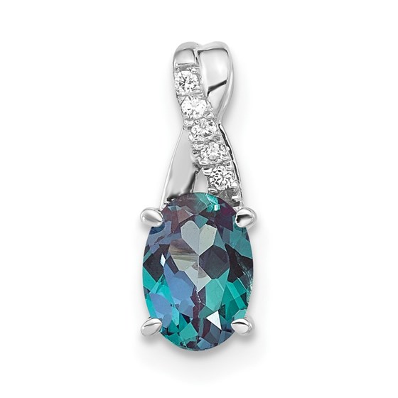 14K White Gold Oval Alexandrite and Diamond Pendant - 14.3 mm