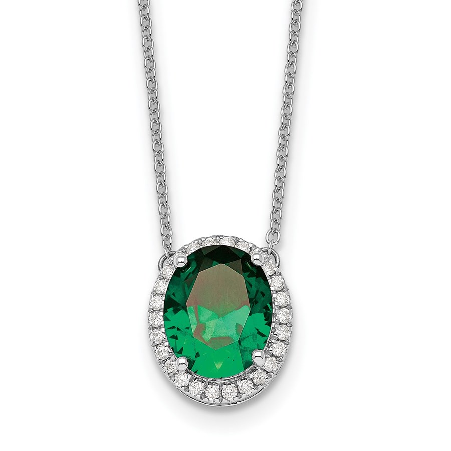 14K White Gold Oval Created Emerald/ 18in. Halo Necklace - 18 in.