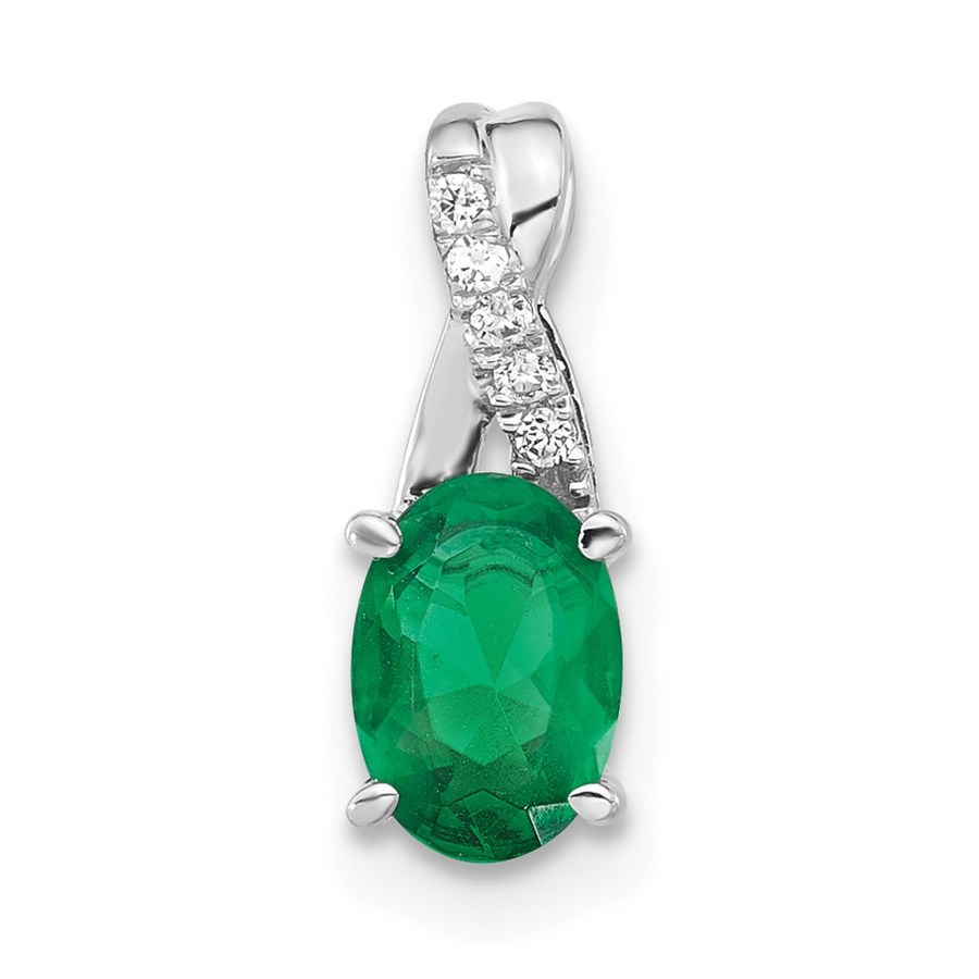 14K White Gold Oval Created Emerald Diamond Pendant - 14.3 mm