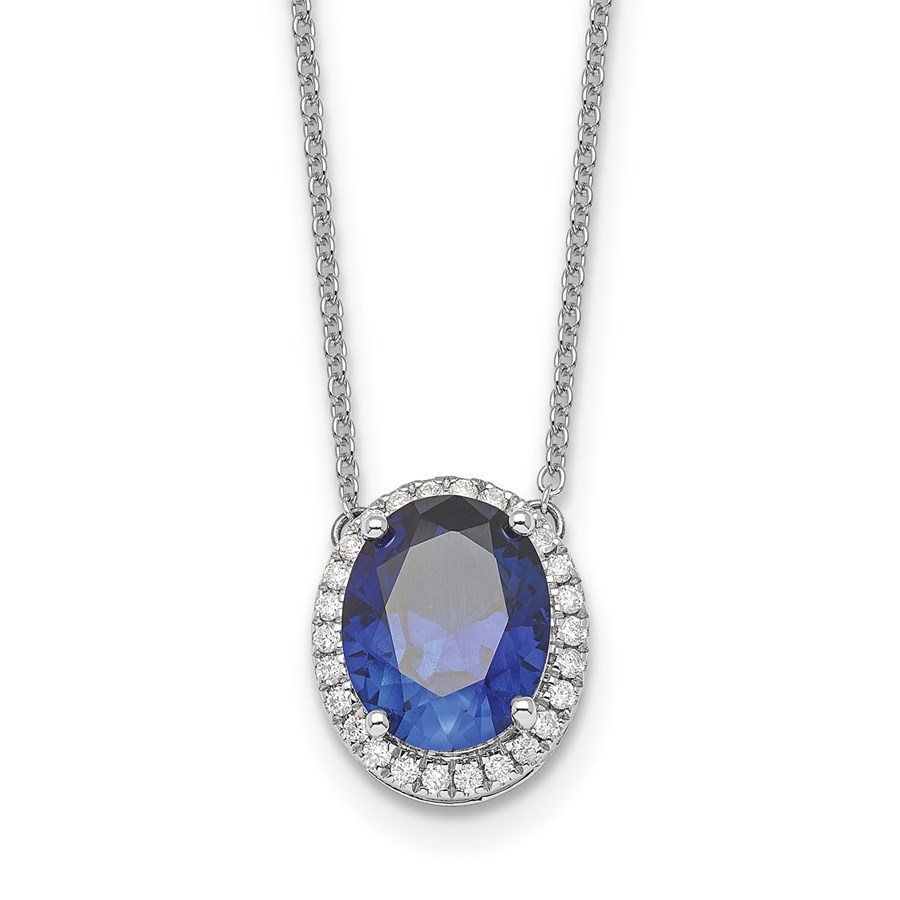 14K White Gold Oval Sapphire/ 18in. Halo Necklace - 18 in.