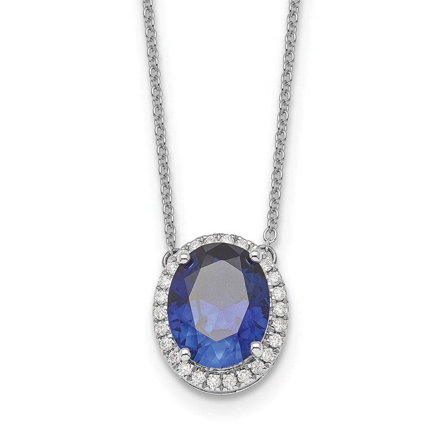 14K White Gold Oval Sapphire/ 18in. Halo Necklace - 18 in.