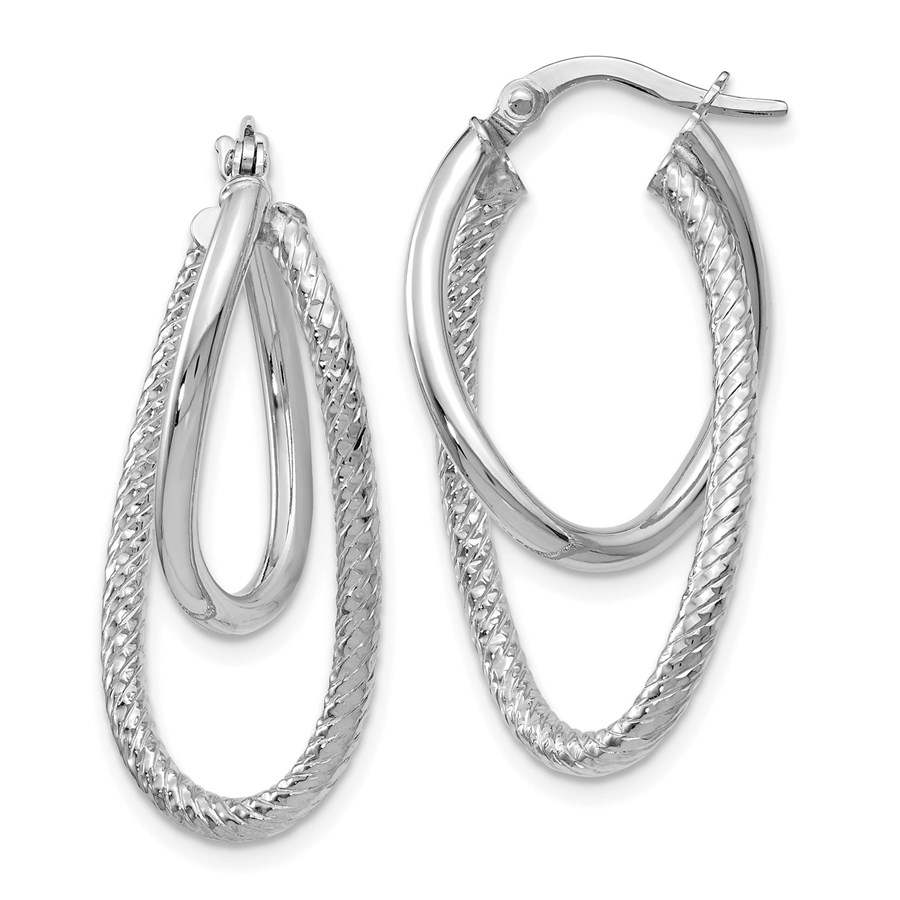 14K White Gold Polished and Textured Hinged Hoop Earrings - 28 mm