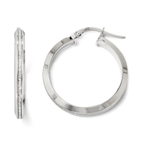 14K White Gold Polished Glimmer Infused Hoop Earrings - 24 mm