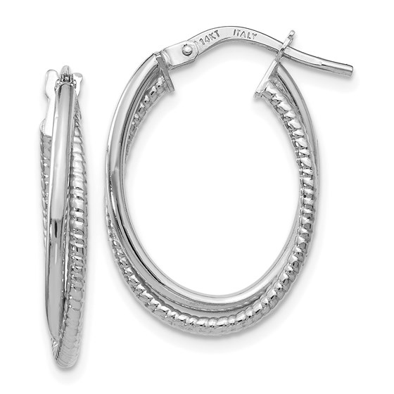 14K White Gold Polished Textured Oval Hoop Earrings - 23 mm 14K White Gold Polished Textured Oval Hoop Earrings - 23 mm