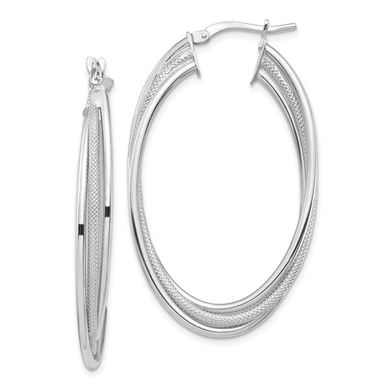 14k White Gold Polished & Textured Twisted Fancy Hoop Earrings