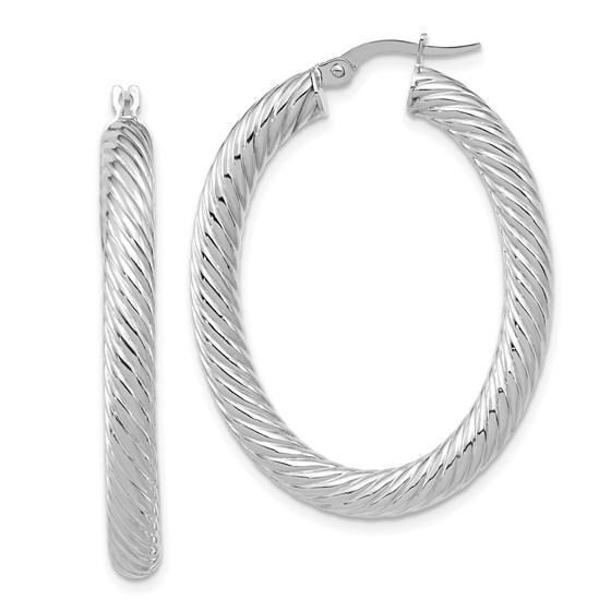 14K White Gold Polished Twisted Oval Hoop Earrings - 39.6 mm