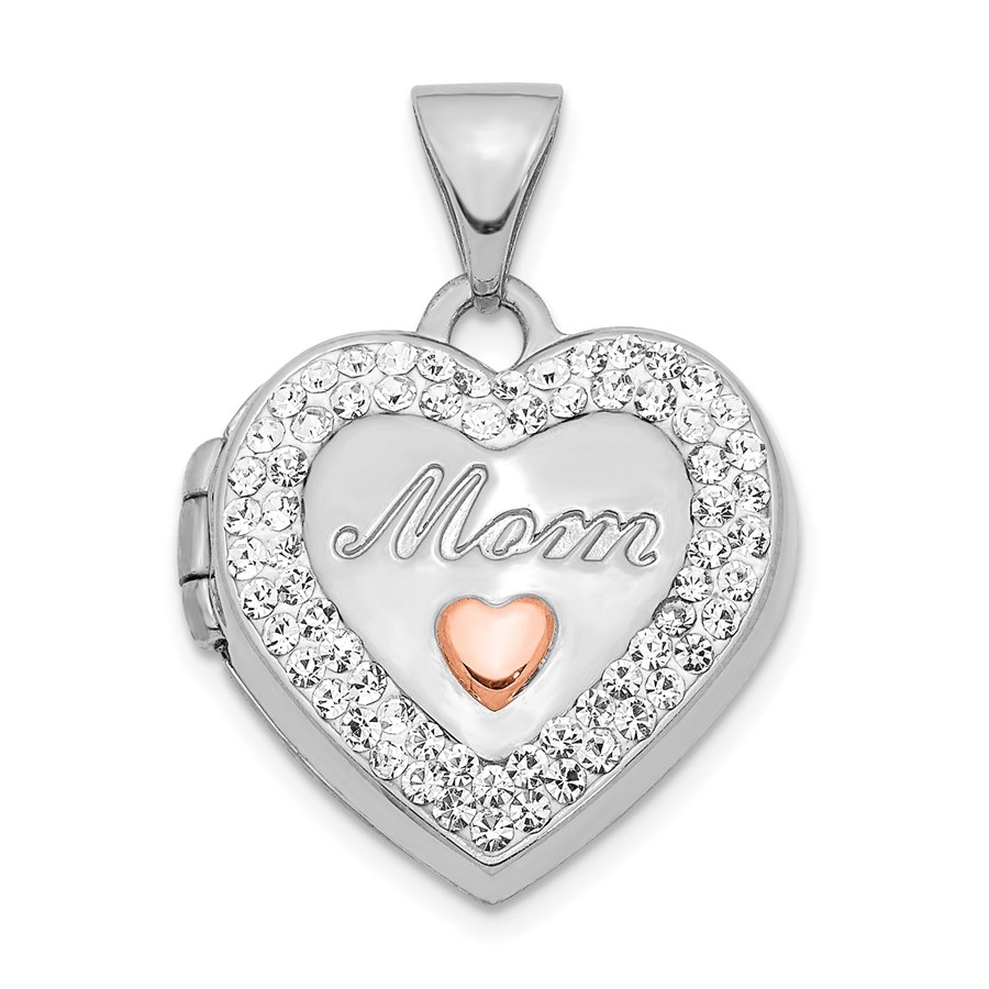 14k White Gold Rhodium Plated Crystal Mom Heart Locket - 22 mm