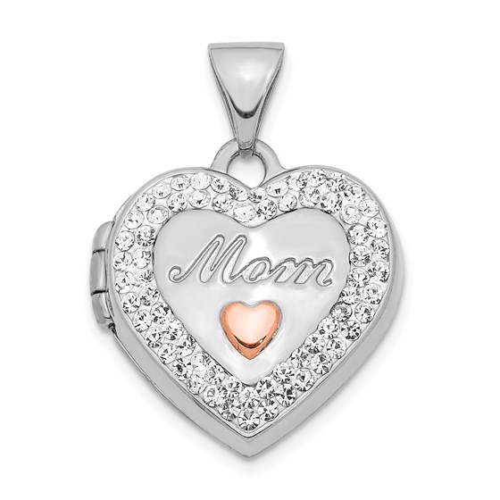 14k White Gold Rhodium Plated Crystal Mom Heart Locket - 22 mm 14k White Gold Rhodium Plated Crystal Mom Heart Locket - 22 mm