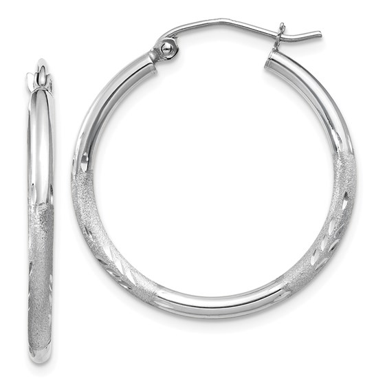 14k White Gold Satin & Diamond-cut 2 mm Round Hoop Earrings 14k White Gold Satin & Diamond-cut 2 mm Round Hoop Earrings