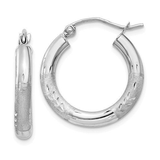 14k White Gold Satin & Diamond-cut 3 mm Round Hoop Earrings 14k White Gold Satin & Diamond-cut 3 mm Round Hoop Earrings