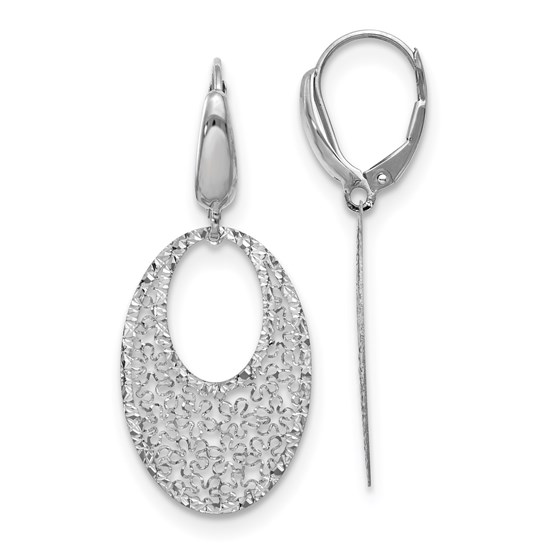 14K White Gold Textured Floral Leverback Earrings - 40 mm