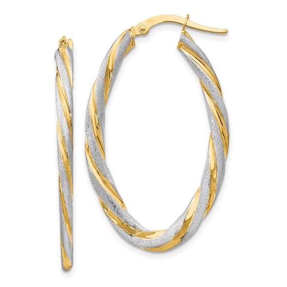 14K & White Rhod. Satin Twisted Oval Hoop Earrings - 38.5 mm 14K & White Rhod. Satin Twisted Oval Hoop Earrings - 38.5 mm