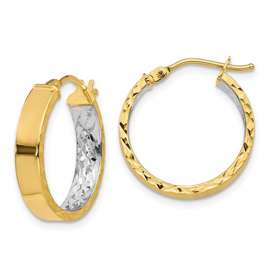 14K & White Rhodium Polished & D/C Hoop Earrings - 19 mm 14K & White Rhodium Polished & D/C Hoop Earrings - 19 mm