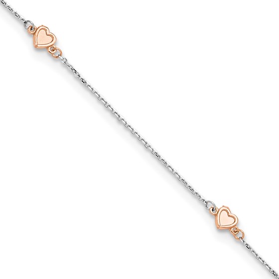 14K White/Rose Gold White Rose Satin Hearts Anklet - 10 in. 14K White/Rose Gold White Rose Satin Hearts Anklet - 10 in.