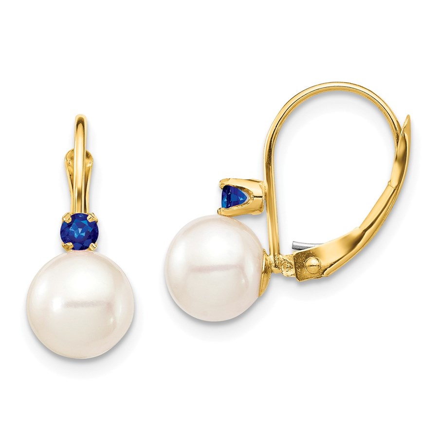 14k Yellow Au White Pearl Sapphire Leverback Earrings - 7-7.5 mm