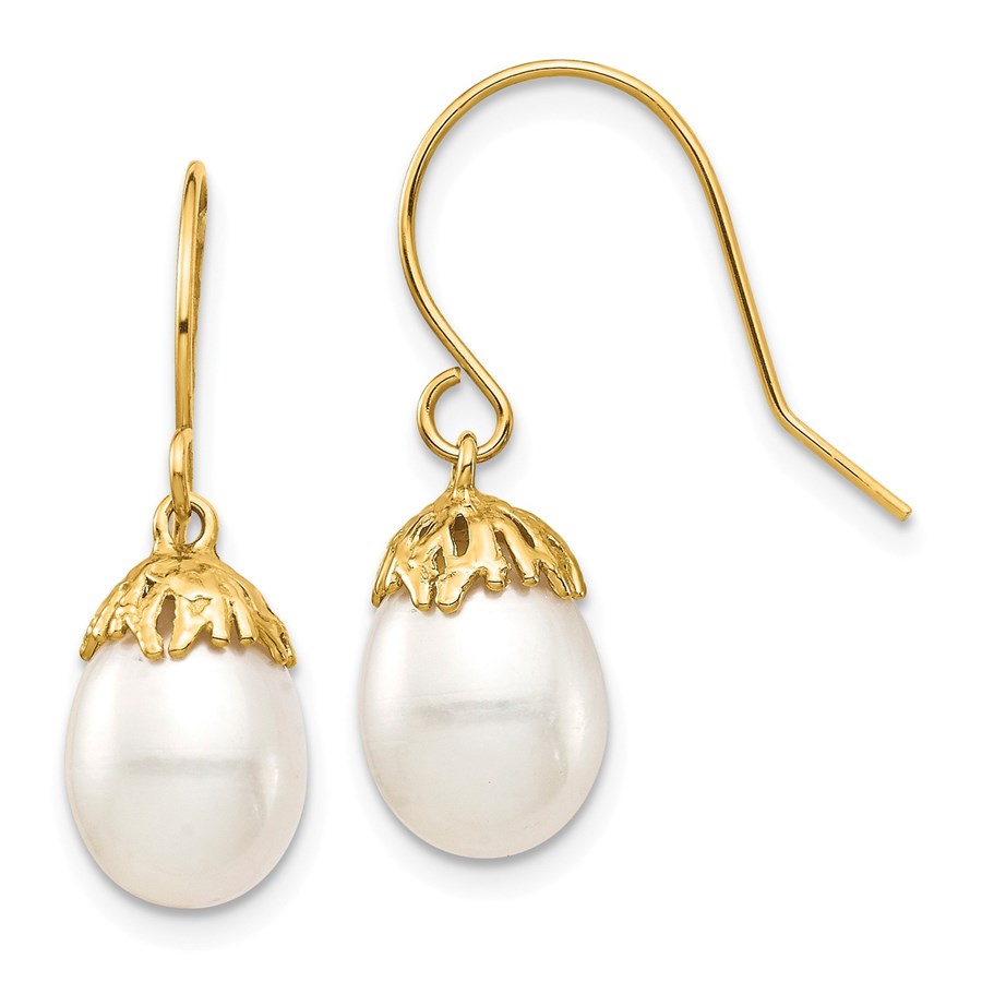 14k Yellow Au White Rice Cultured Pearl Dangle Earrings - 7-8 mm