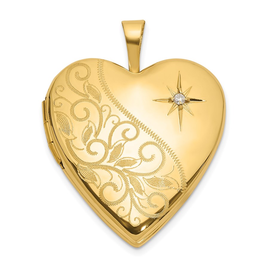 14K Yellow Gold 20mm Diamond Heart Locket - 25 mm