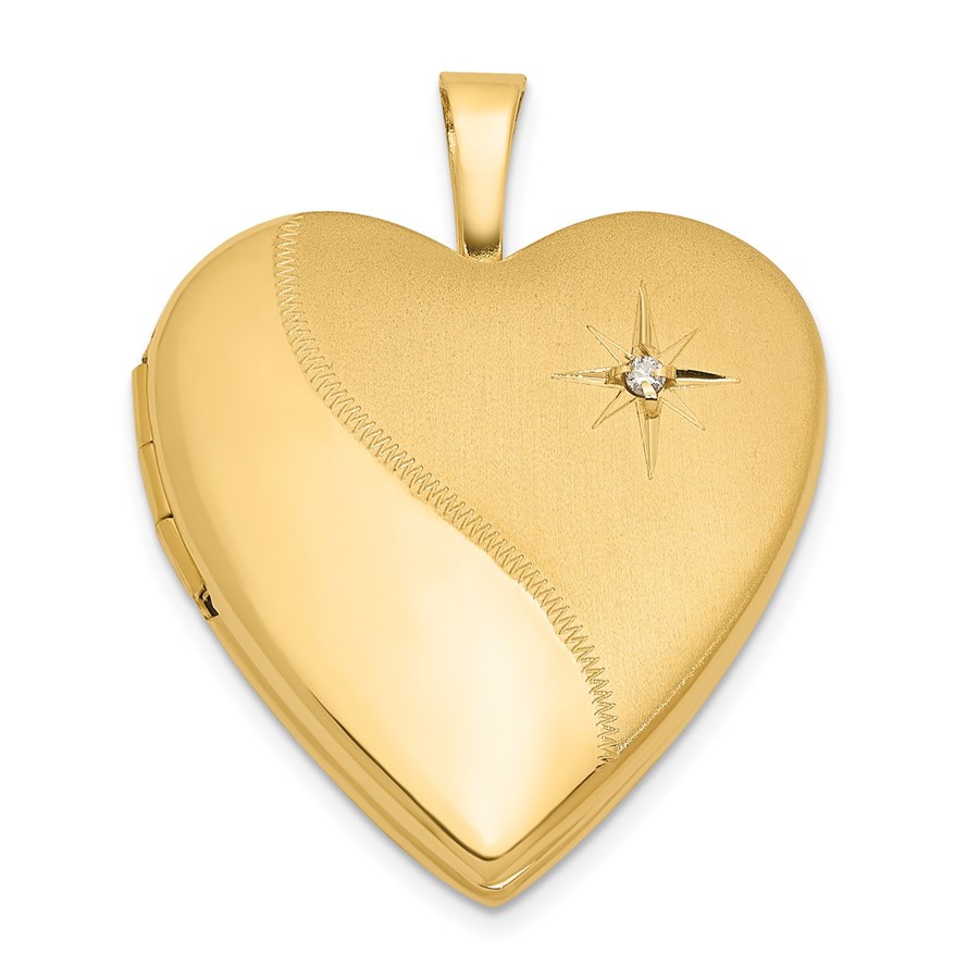 14K Yellow Gold 20mm Satin Diamond Heart Locket - 25 mm
