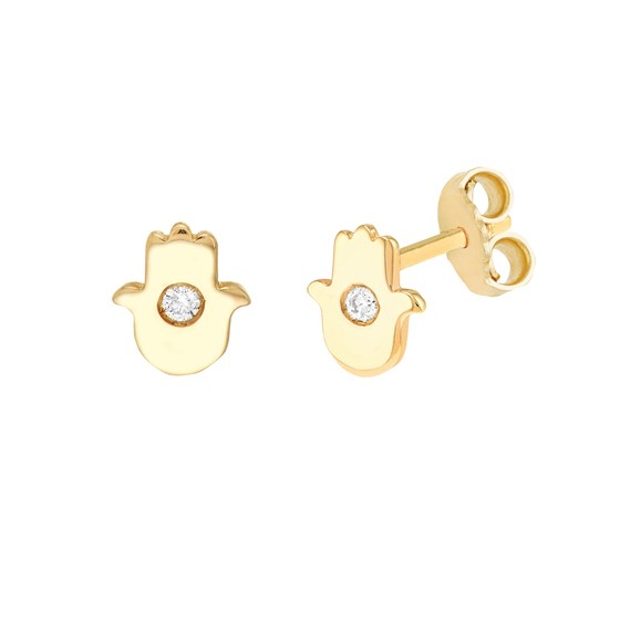 14K Yellow Gold 3Pts Dia Hamsa Stud Earring