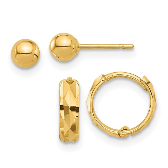 14K Yellow Gold 4mm Ball and Diamond Cut Hoop Set 14K Yellow Gold 4mm Ball and Diamond Cut Hoop Set