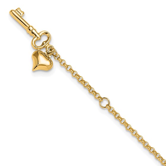 14K Yellow Gold Adj Puffed Heart Key 9in Plus Anklet - 10 in. 14K Yellow Gold Adj Puffed Heart Key 9in Plus Anklet - 10 in.
