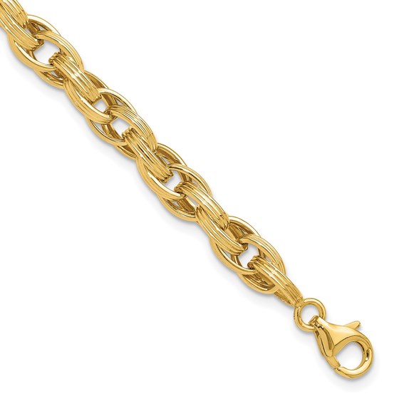 14K Yellow Gold and Grooved Fancy Oval Link Bracelet - 7.5 in.