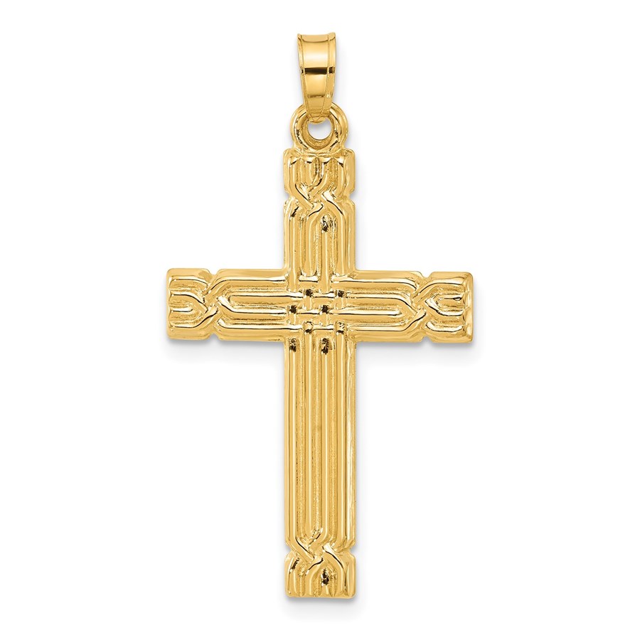 14K Yellow Gold and Grooved Hollow Cross Pendant 34.4 mm