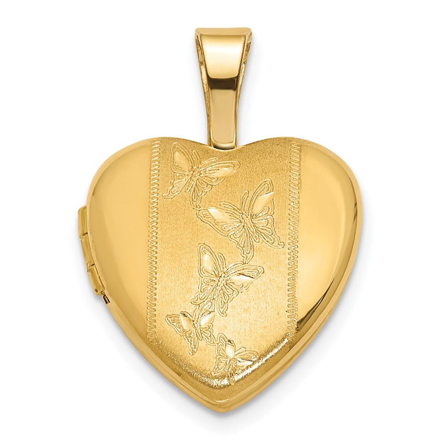 14K Yellow Gold and Satin 12mm Butterfly Heart Locket - 18.5 mm